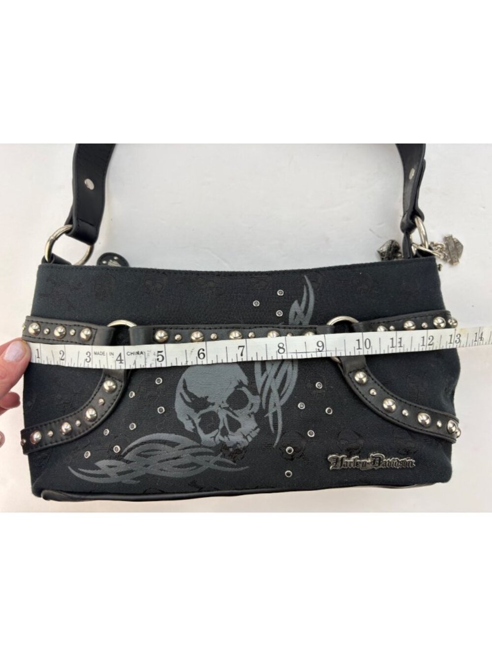 Harley-Davidson Y2K Skull & Studded Goth Biker Shoulder Bag in Black - Picture 10 of 12